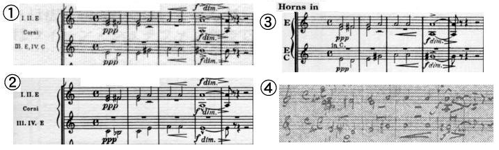 両版はアクセント記号やホルンの記譜法が異なる。（参考）ベーレンライター版は音友版に近い