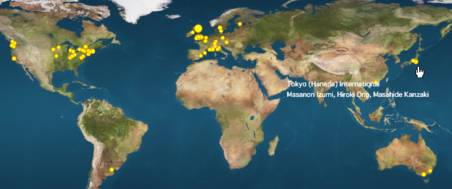 世界地図上に、空港の位置を示す丸印が示され、そこをクリックするとその空港をnearestAirportと指定したPersonが示される